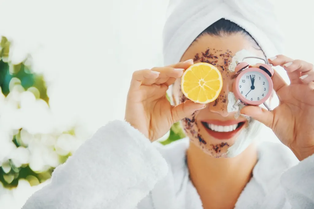 woman in bathrobe holding lemon and clock over eyes